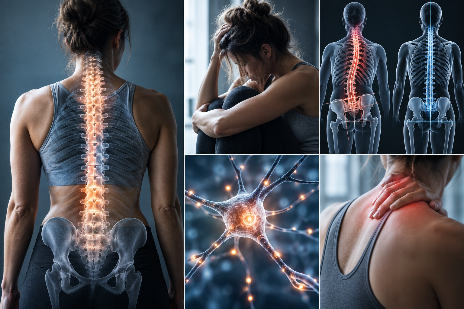 Fibromyalgia symptoms, spinal alignment, chronic pain, and nervous system illustration