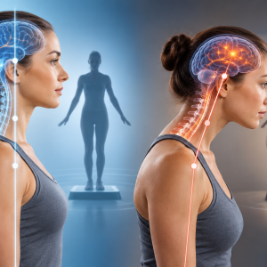 Illustration comparing normal posture and forward head posture during balance and brain-to-muscle activity