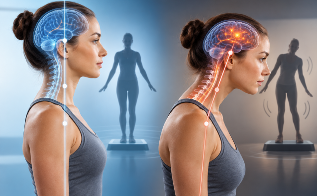 Illustration comparing normal posture and forward head posture during balance and brain-to-muscle activity