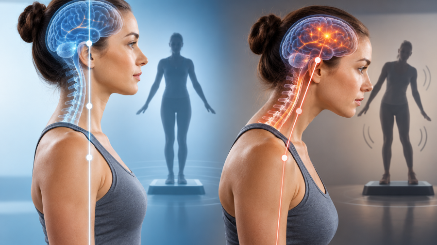 Illustration comparing normal posture and forward head posture during balance and brain-to-muscle activity