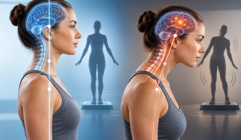 Illustration comparing normal posture and forward head posture during balance and brain-to-muscle activity