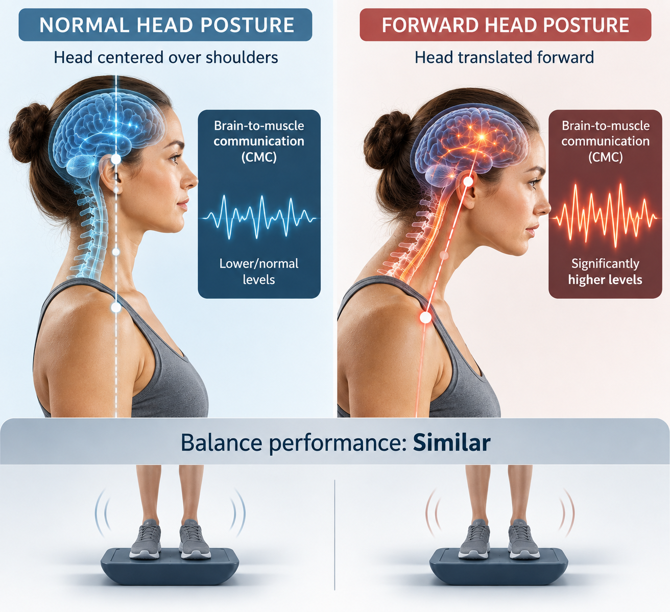 Comparison of normal and forward head posture showing higher corticomuscular coherence with similar balance performance