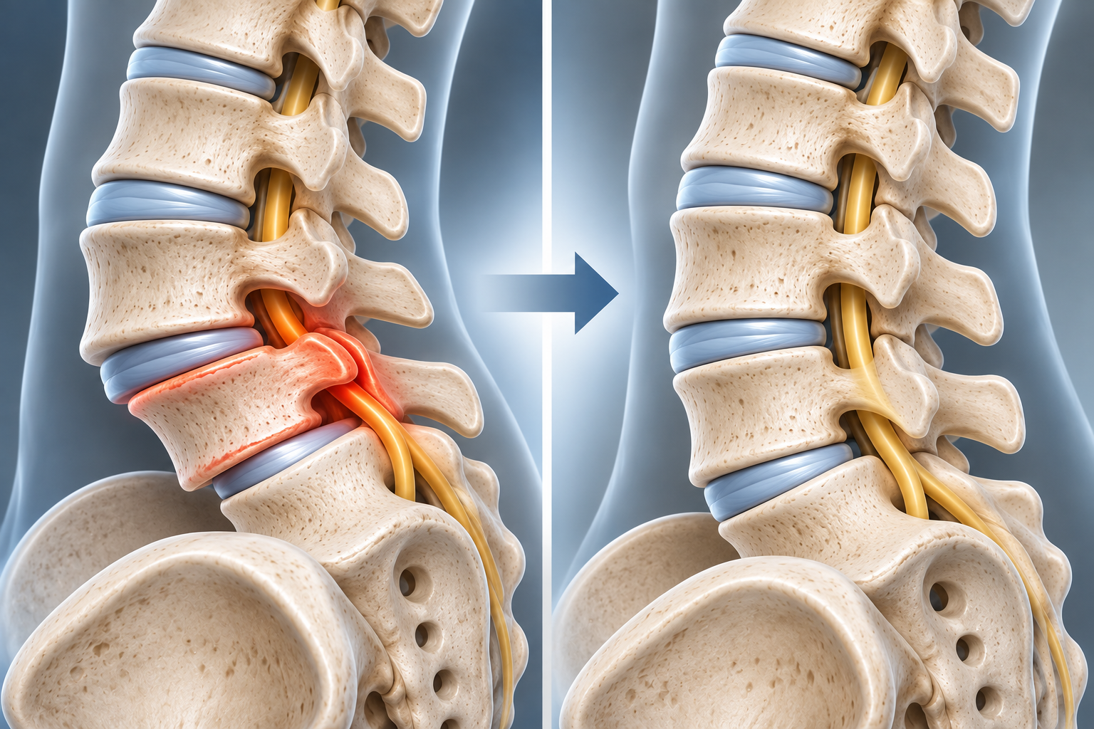 Spondylolisthesis before and after reduction with corrective care